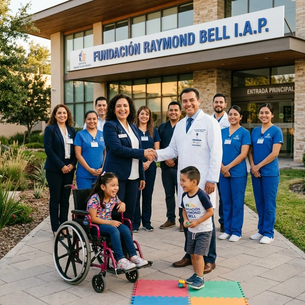Ejecutivos y personal médico estrechando manos frente a un centro de rehabilitación infantil, con niños jugando