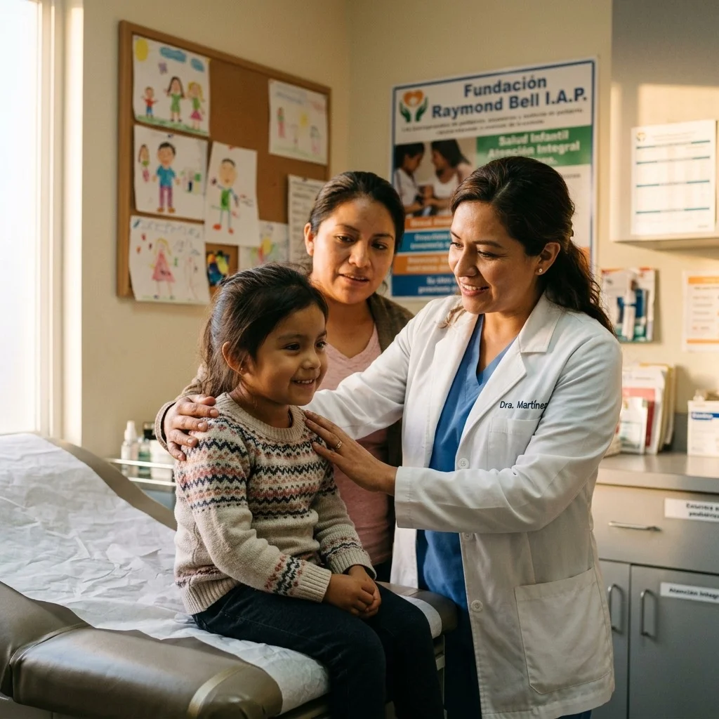 Niña con su doctora y su mamá en clínica pediátrica — red de protección y cuidado