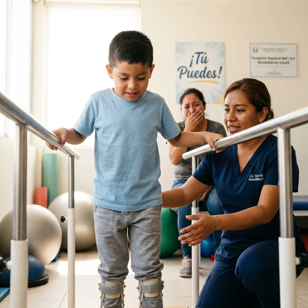 Niña dando sus primeros pasos con férulas en terapia física, mientras su mamá llora de alegría