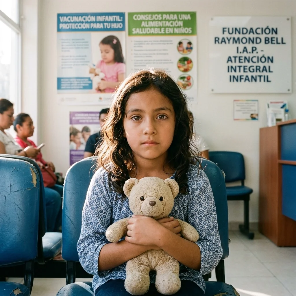 Niña en sala de espera de clínica pediátrica, sosteniendo un oso de peluche