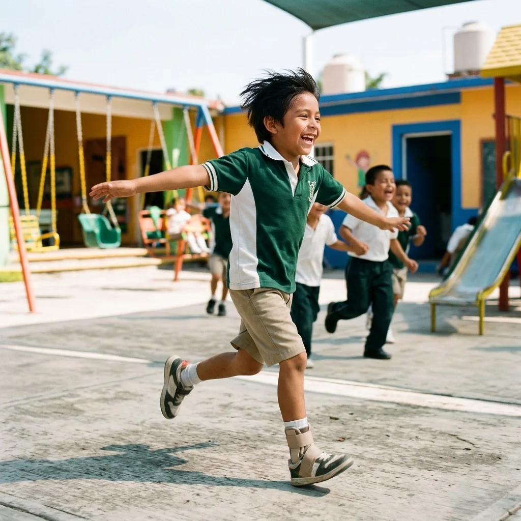 Niño corriendo libre en patio de escuela, con tobillera ortopédica, riendo con alegría