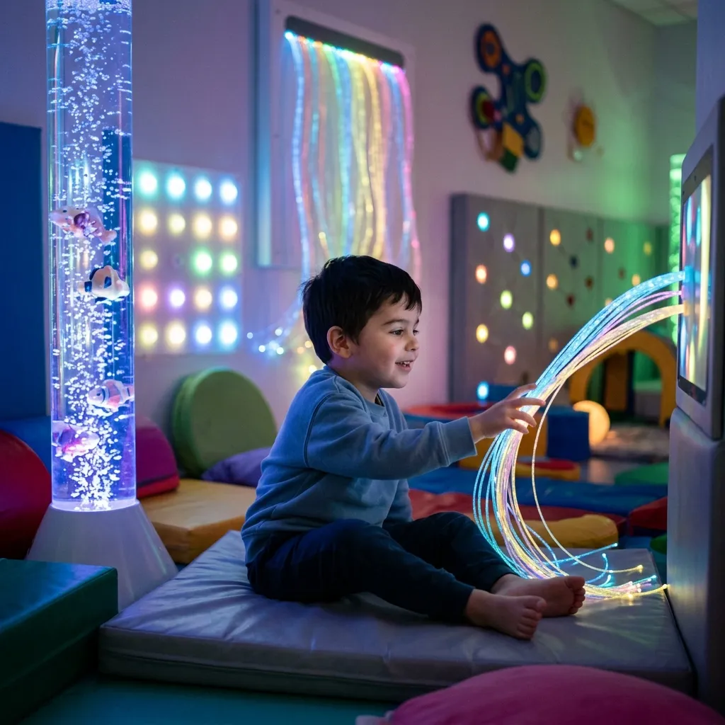 Niño en sala multisensorial con luces terapéuticas