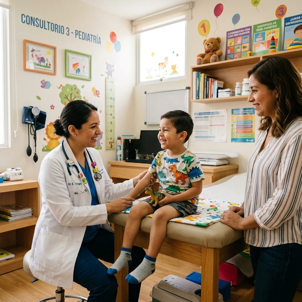 Consulta pediátrica con niño sonriente y su madre
