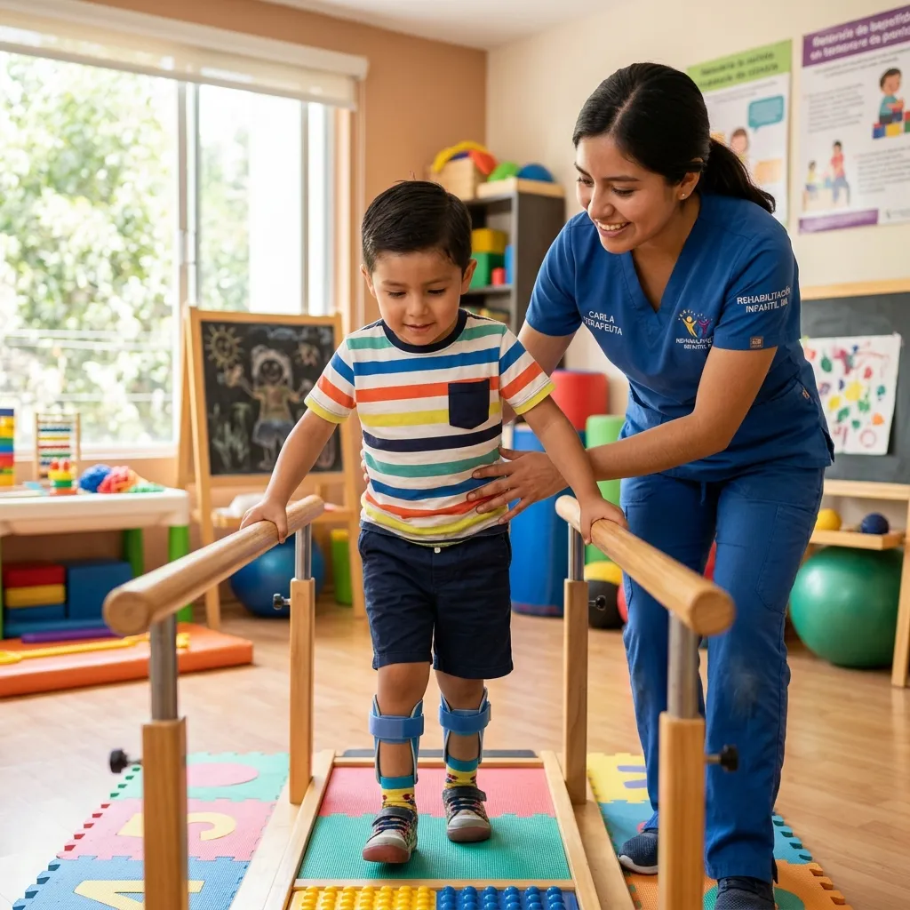 Terapeuta guiando ejercicios de fisioterapia con niño