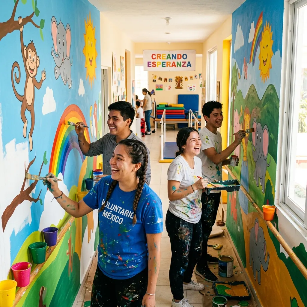 Voluntarios pintando murales en la clínica