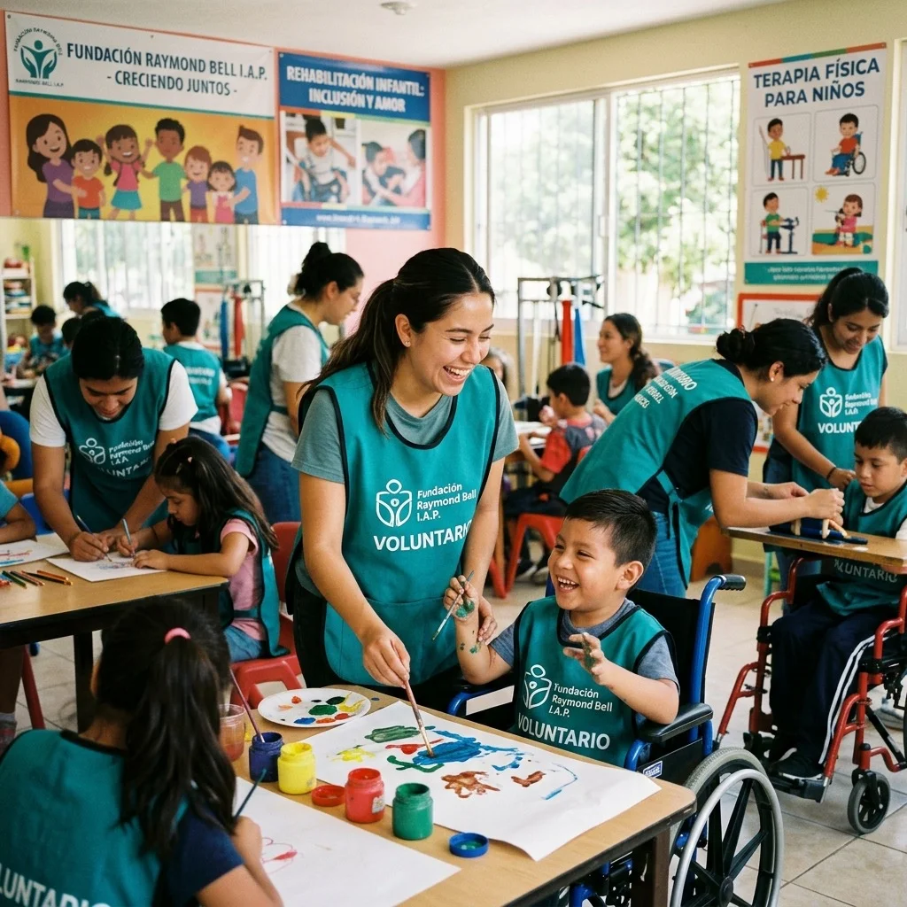 Grupo diverso de voluntarios mexicanos trabajando con niños en centro de rehabilitación, pintando y leyendo juntos